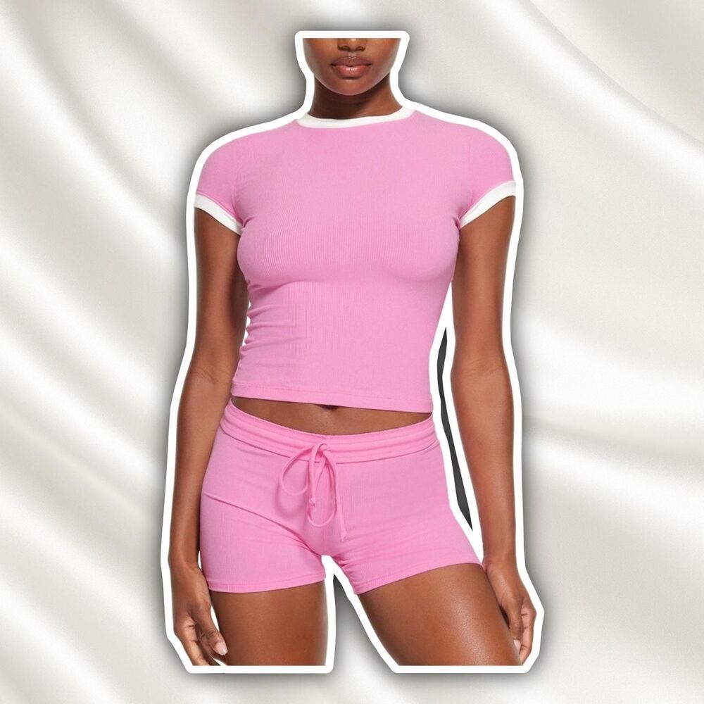 Skims blush Pink and white t shirt and shorts set soft lounge ribbed ringer blus